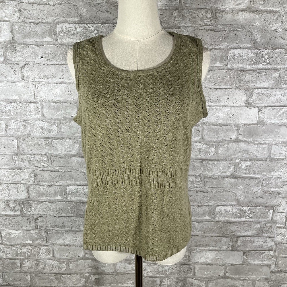 Vintage Kathy Ireland olive green knit sleeveless sweater top features Size XL
